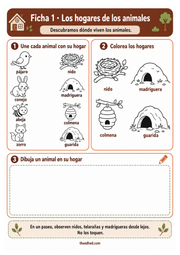 Ficha 1 en español para unir animales con sus hogares, colorear refugios y dibujar.