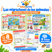 Las migraciones de los animales: curso en español con 8 infografías y 8 fichas imprimibles para niños de 7 a 9 años.