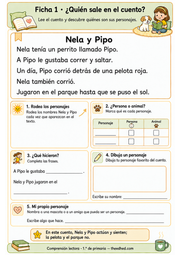 Ficha imprimible en español para reconocer a Nela y Pipo, identificar personajes y escribir sus acciones.