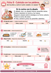 Ficha imprimible para contar el cuento de Leo y su abuela, ordenar los hechos y completar un mapa del cuento.