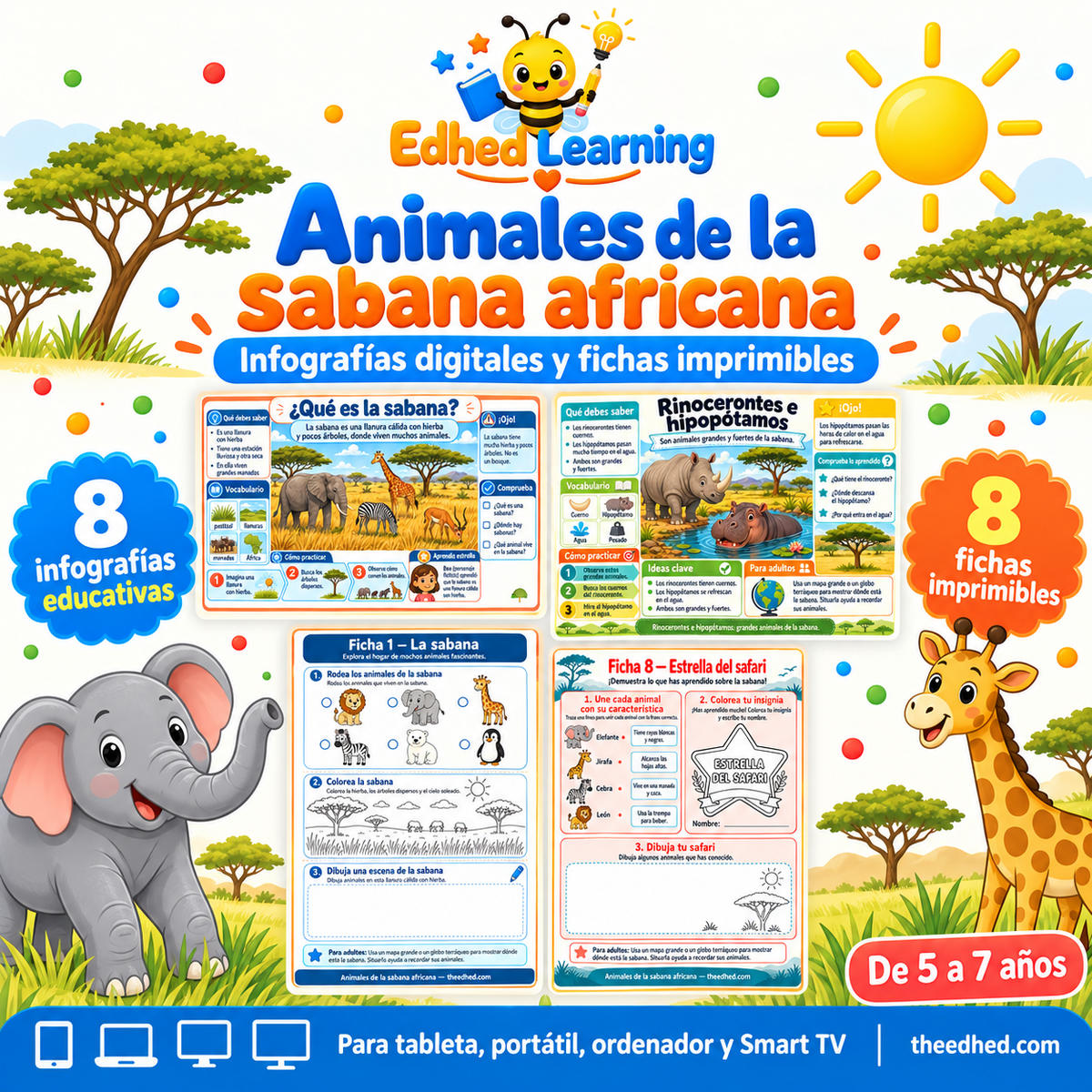 Animales de la sabana africana: curso en español con 8 infografías y 8 fichas imprimibles para niños de 5 a 7 años.