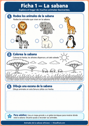 Ficha imprimible en español para reconocer los animales de la sabana, colorear su hábitat y dibujar una escena.