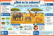 Infografía en español que explica qué es la sabana, sus estaciones y los animales que viven en ella.