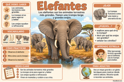 Infografía en español sobre los elefantes, sus trompas, colmillos, orejas y vida en manada.