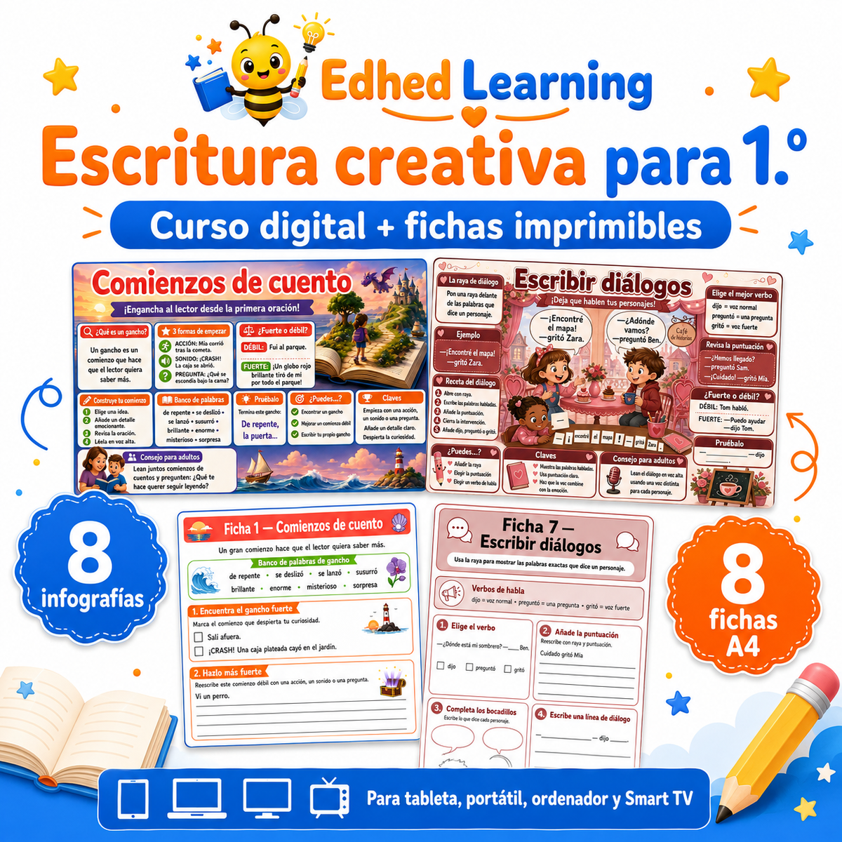 Portada del curso de escritura creativa para 1.º con 8 infografías y 8 fichas A4.