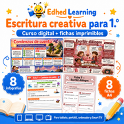 Portada del curso de escritura creativa para 1.º con 8 infografías y 8 fichas A4.