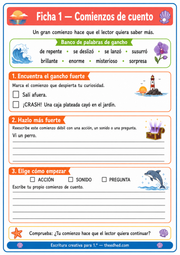 Ficha A4 imprimible sobre comienzos de cuento para niños de 6 a 7 años.