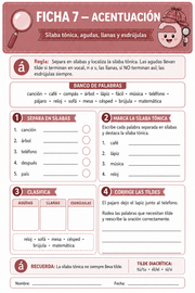 Ficha imprimible en español sobre la sílaba tónica y la acentuación
