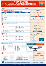 Ficha imprimible en español de álgebra, variables y expresiones para 6.º grado