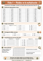 Ficha imprimible de fluidez en la multiplicación para 3.º de Primaria
