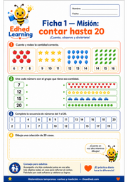 Ficha imprimible A4 en español para practicar el conteo hasta 20
