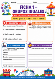 Ficha imprimible A4 en español para practicar grupos iguales y multiplicación.