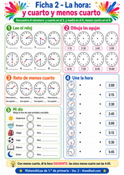 Ficha imprimible de 1.º de primaria para practicar la hora y cuarto y menos cuarto