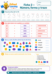 Ficha imprimible A4 en español sobre números, formas y trazo