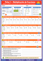 Ficha imprimible en español de multiplicación de fracciones para quinto grado
