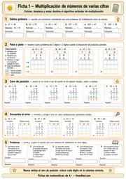 Ficha imprimible de multiplicación de números de varias cifras en español