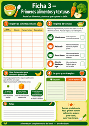Ficha A4 en español para registrar primeros alimentos, texturas y observaciones del bebé.