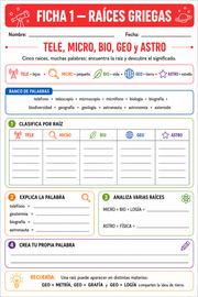 Ficha imprimible en español para practicar raíces griegas en 4.º grado