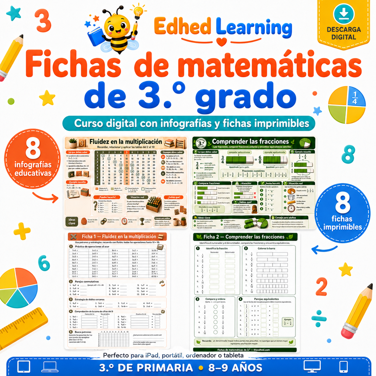 Fichas de matemáticas de 3.º grado: curso digital con 8 infografías y 8 fichas