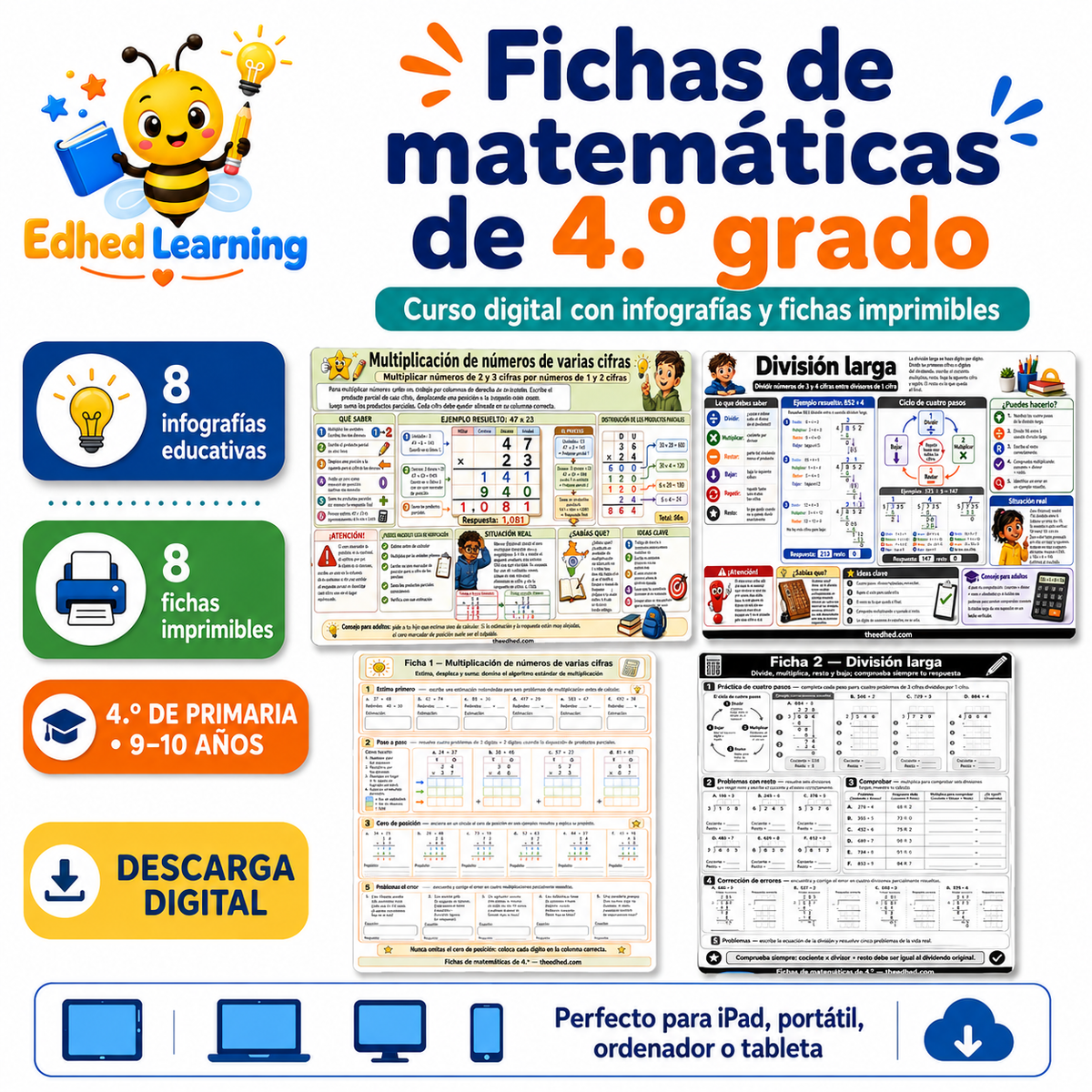 Fichas de matemáticas de 4.º grado en español con 8 infografías y 8 fichas imprimibles