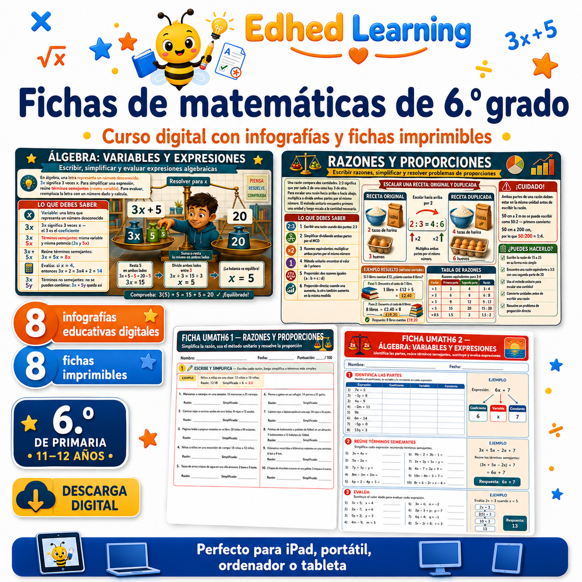 Curso digital de fichas de matemáticas de 6.º grado en español con 8 infografías y 8 fichas imprimibles