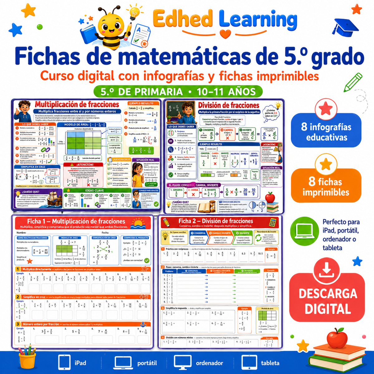Fichas de matemáticas de 5.º grado en español, curso digital con 8 infografías y 8 fichas imprimibles