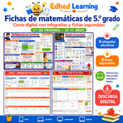 Fichas de matemáticas de 5.º grado en español, curso digital con 8 infografías y 8 fichas imprimibles