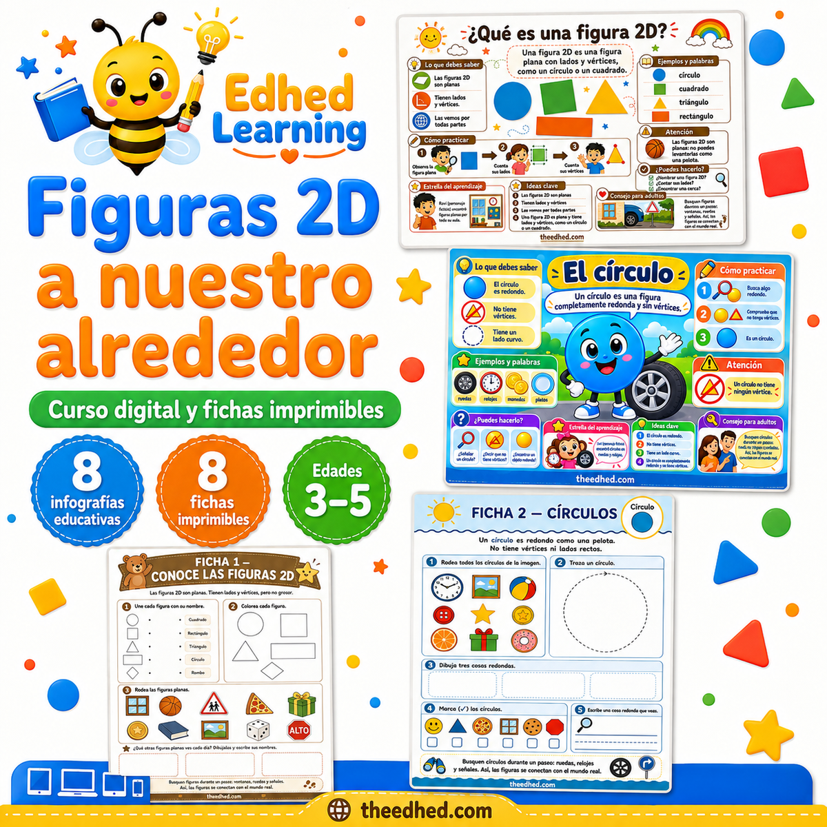Curso digital Figuras 2D a nuestro alrededor en español con 8 infografías y 8 fichas imprimibles