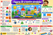 Infografía en español sobre figuras 2D, lados y vértices para niños