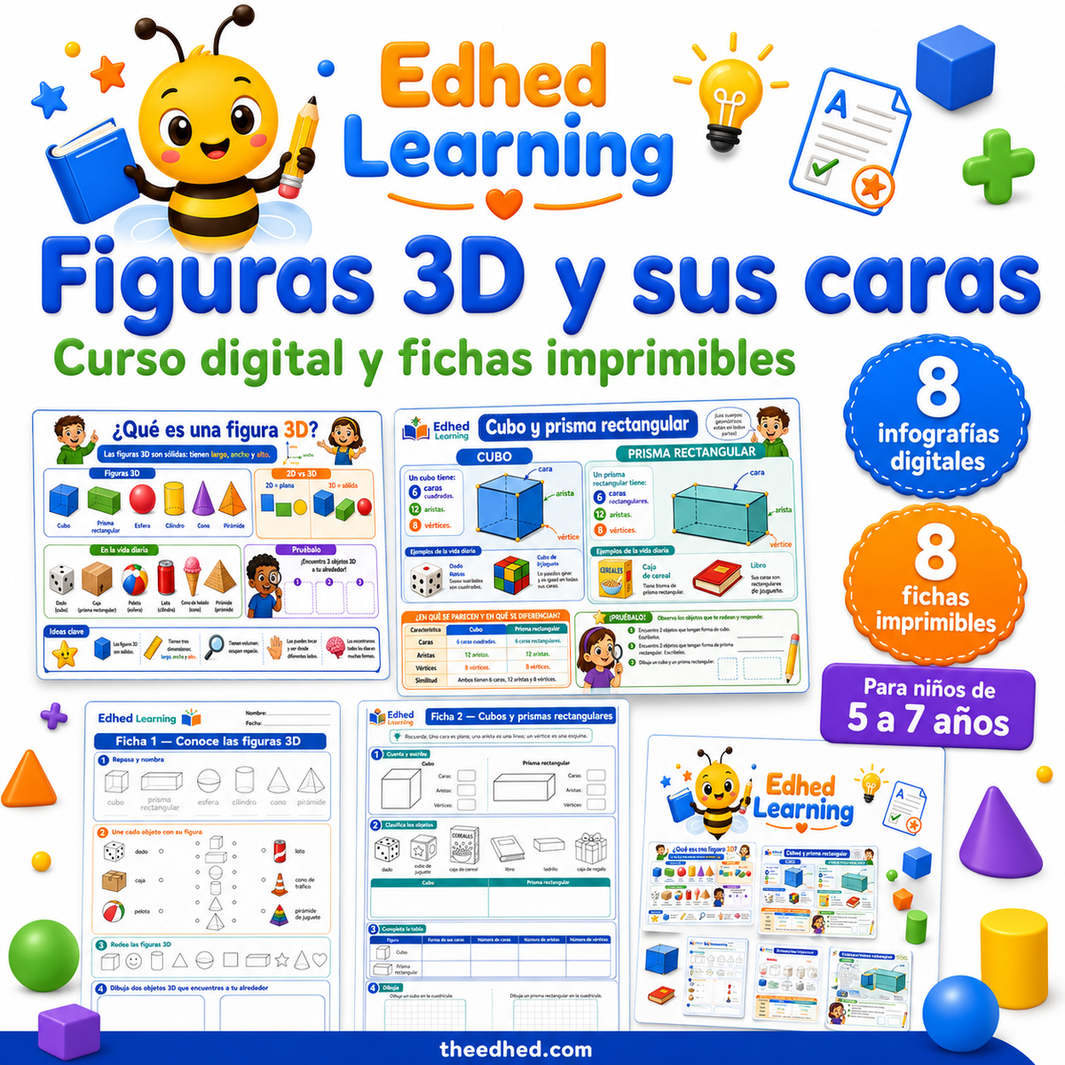Curso digital en español Figuras 3D y sus caras con 8 infografías y 8 fichas imprimibles
