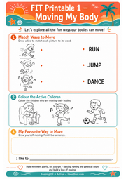 Moving My Body matching and colouring printable worksheet
