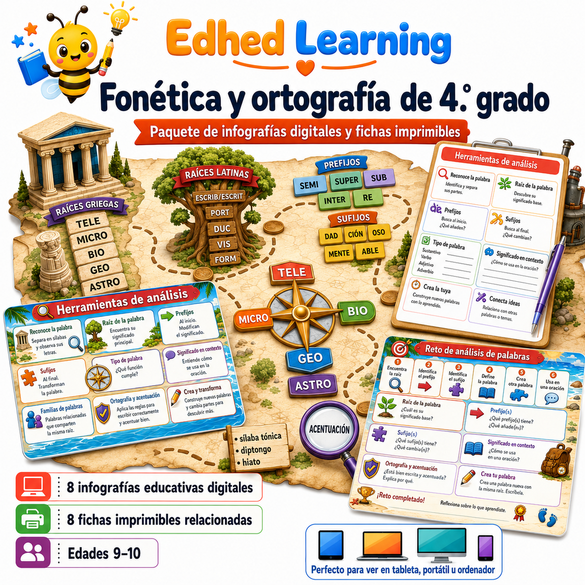 Curso de fonética y ortografía de 4.º grado con 8 infografías y 8 fichas imprimibles en español