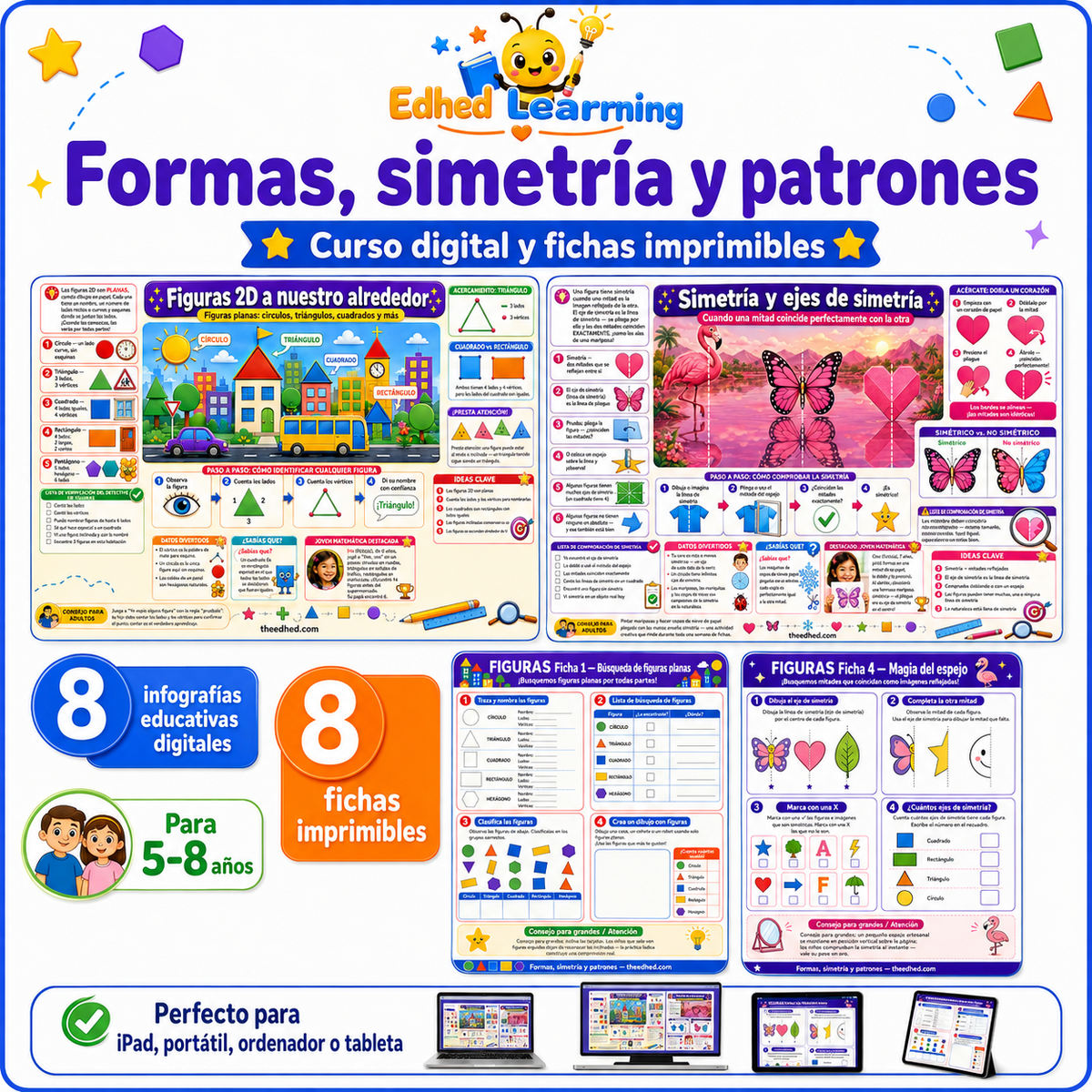 Curso Formas, simetría y patrones con 8 infografías y 8 fichas imprimibles para niños de 5 a 8 años