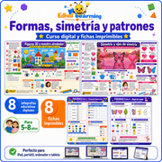 Curso Formas, simetría y patrones con 8 infografías y 8 fichas imprimibles para niños de 5 a 8 años
