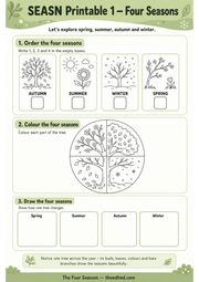 Four Seasons printable worksheet with ordering, colouring and drawing activities