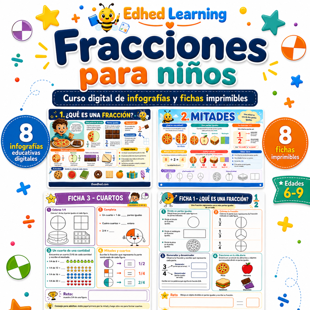 Curso digital Fracciones para niños con 8 infografías y 8 fichas imprimibles