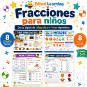 Curso digital Fracciones para niños con 8 infografías y 8 fichas imprimibles