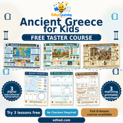 Edhed Learning Free Ancient Greece for Kids taster showing 3 actual infographics and 3 matching printable worksheets