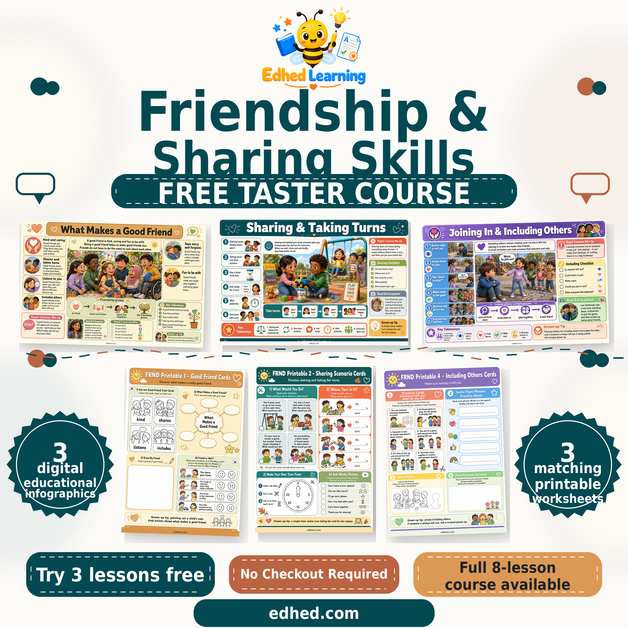 Edhed Learning Free Friendship & Sharing Skills taster showing 3 actual infographics and 3 matching printable worksheets