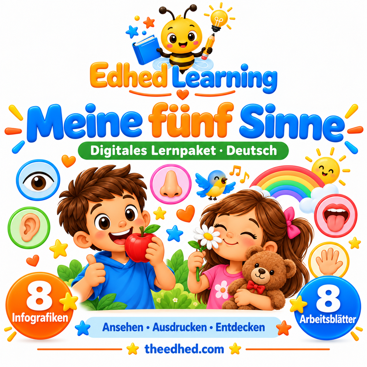 Meine fünf Sinne – Edhed Learning: 8 Infografiken und 8 Arbeitsblätter auf Deutsch