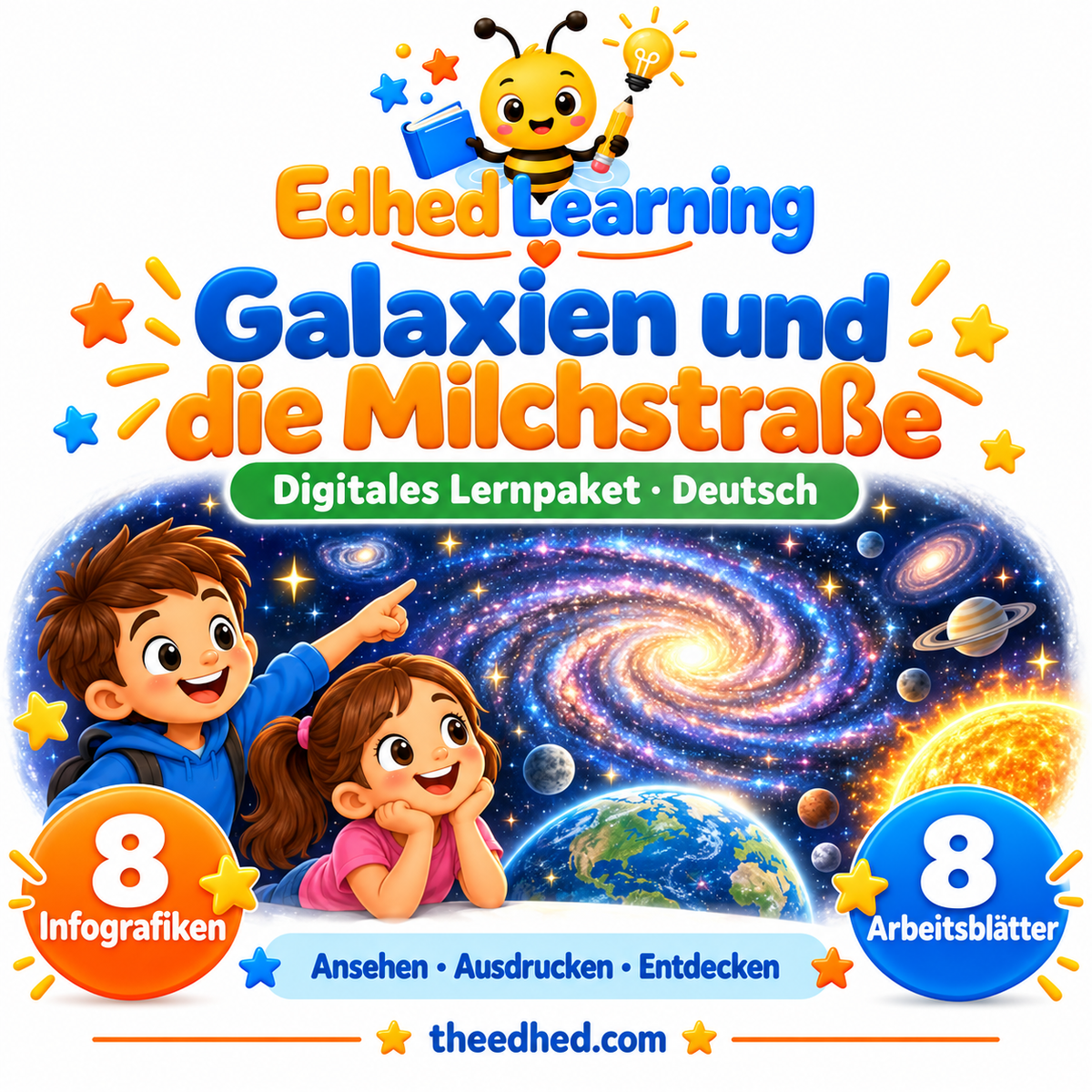 Edhed Learning Lernpaket Galaxien und die Milchstraße mit 8 Infografiken und 8 Arbeitsblättern