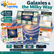 Galaxies and the Milky Way digital course with 8 infographics and 8 printable worksheets for ages 7 to 9