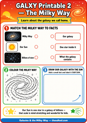 The Milky Way printable worksheet with galaxy facts colouring and drawing activities