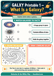 What Is a Galaxy printable worksheet with matching colouring and drawing activities