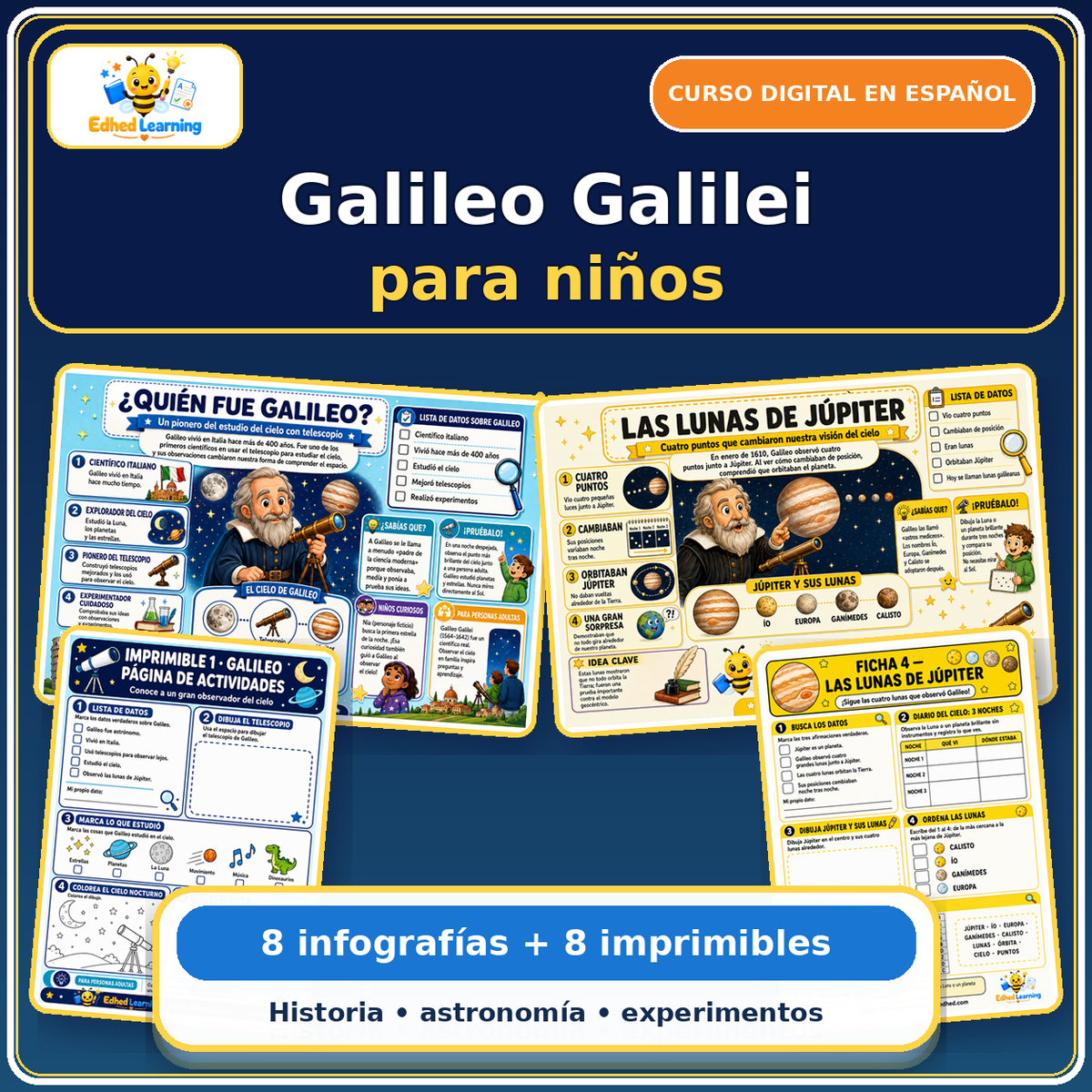 Galileo Galilei para niños: curso digital con 8 infografías y 8 imprimibles en español