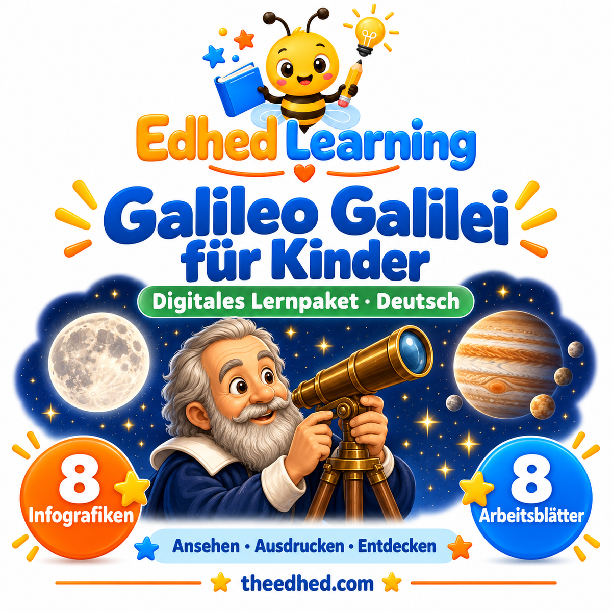 Edhed Learning Lernpaket Galileo Galilei für Kinder mit 8 Infografiken und 8 Arbeitsblättern