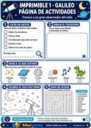 Ficha imprimible A4 en español con actividades introductorias sobre Galileo