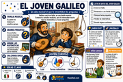 Infografía en español sobre el joven Galileo, su curiosidad, música y matemáticas