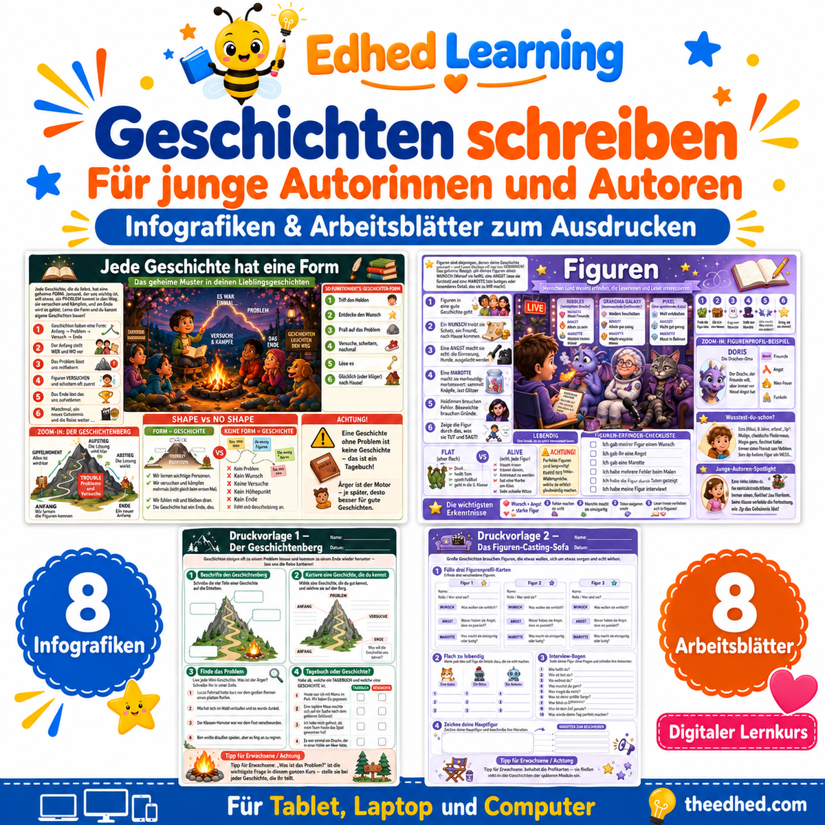 Geschichten schreiben für Kinder – Kreative Arbeitsblätter – Edhed Learning: 8 Infografiken und 8 Arbeitsblätter
