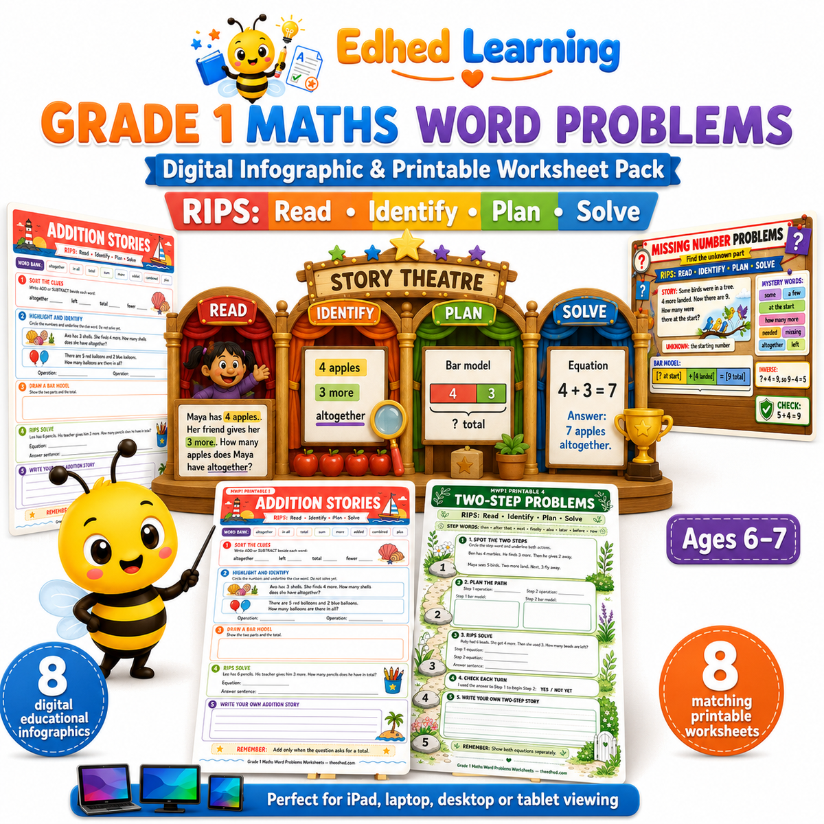 Grade 1 maths word problems digital course with 8 infographics and 8 printable worksheets for ages 6 to 7